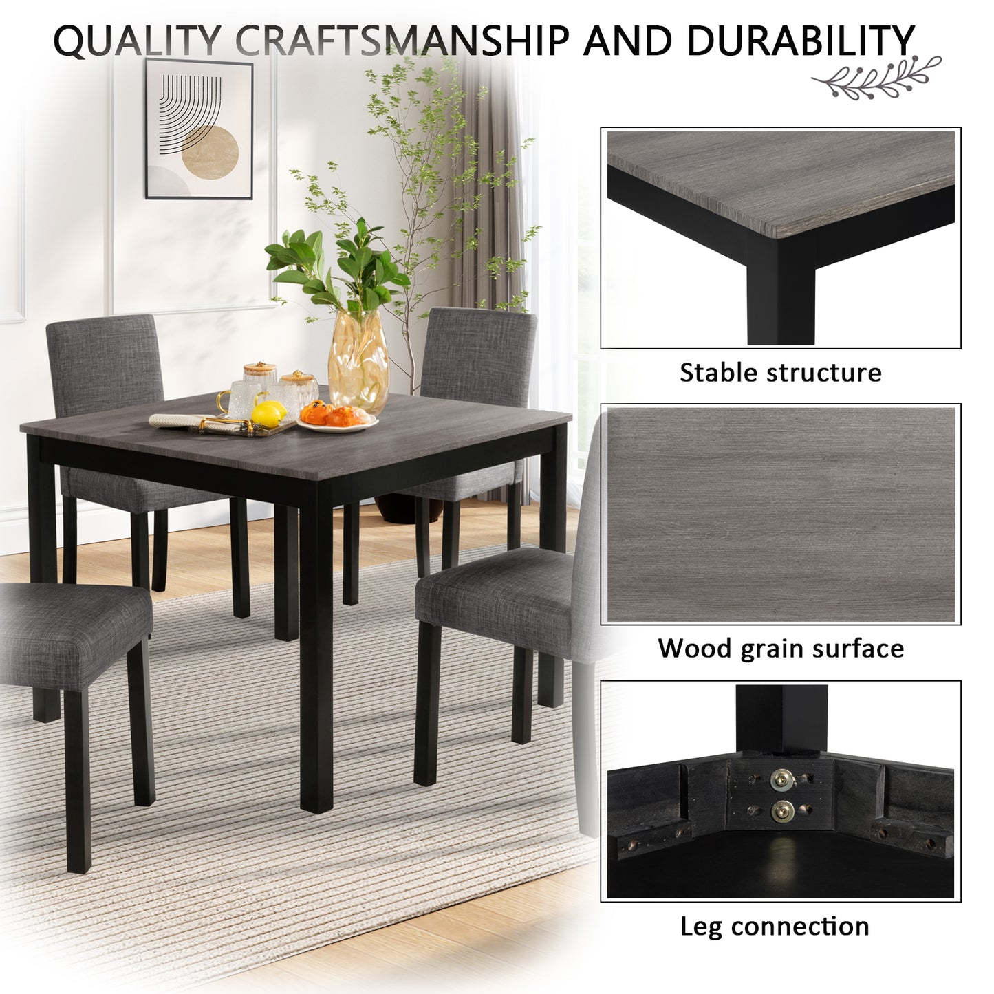 5-Piece Dining Table Set with 4 Chairs - Light Grey & Black