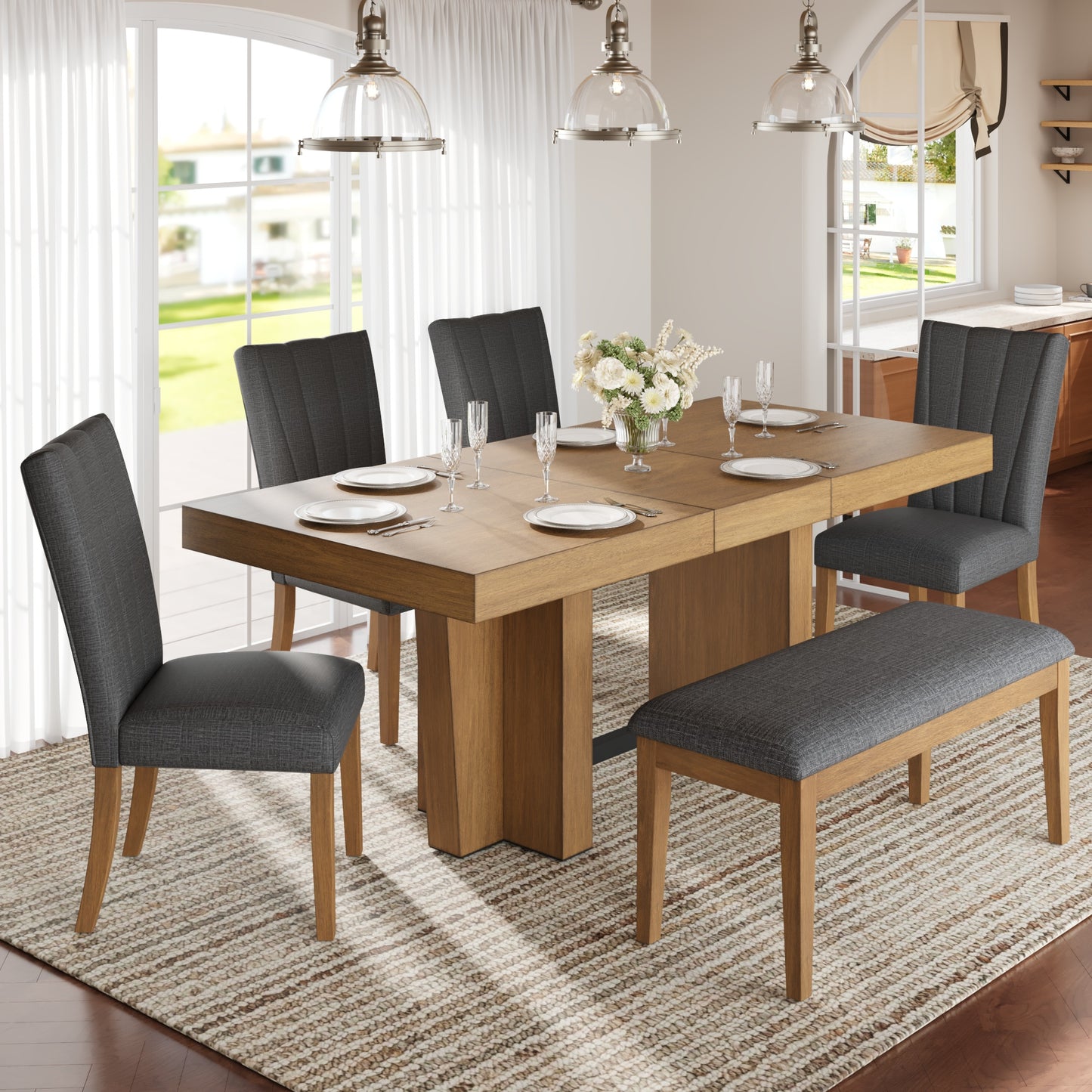 Extendable Wood Dining Table Set for 6 with Bench & 4 Chairs - Brown Gray