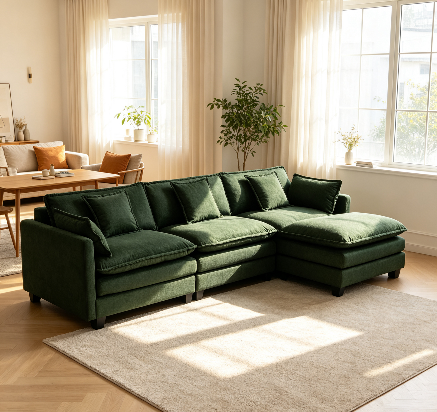 Modern 3-Seat Sectional Sofa with Ottoman - Antique Green