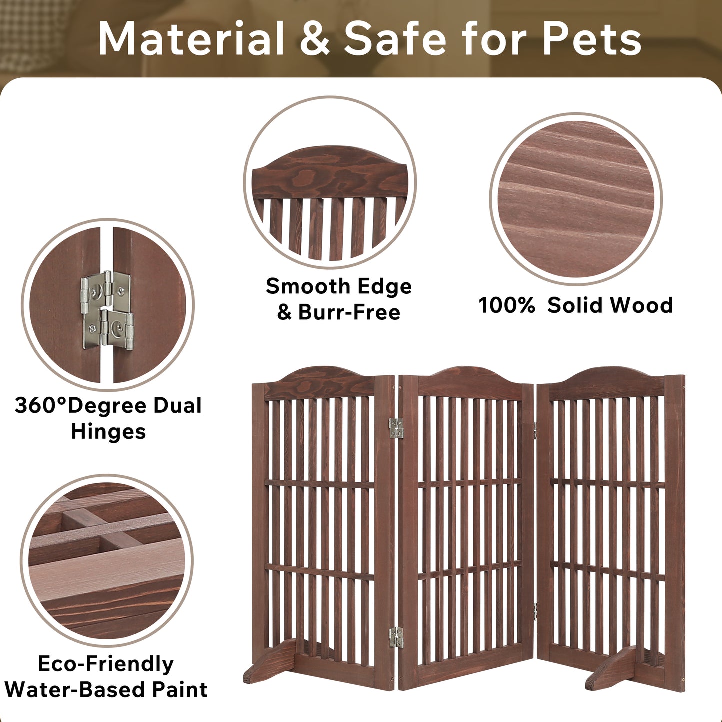 Wooden Foldable Pet Gate for Dogs - 30 Inch 3 Panels, Freestanding Doorway Fence, Brown