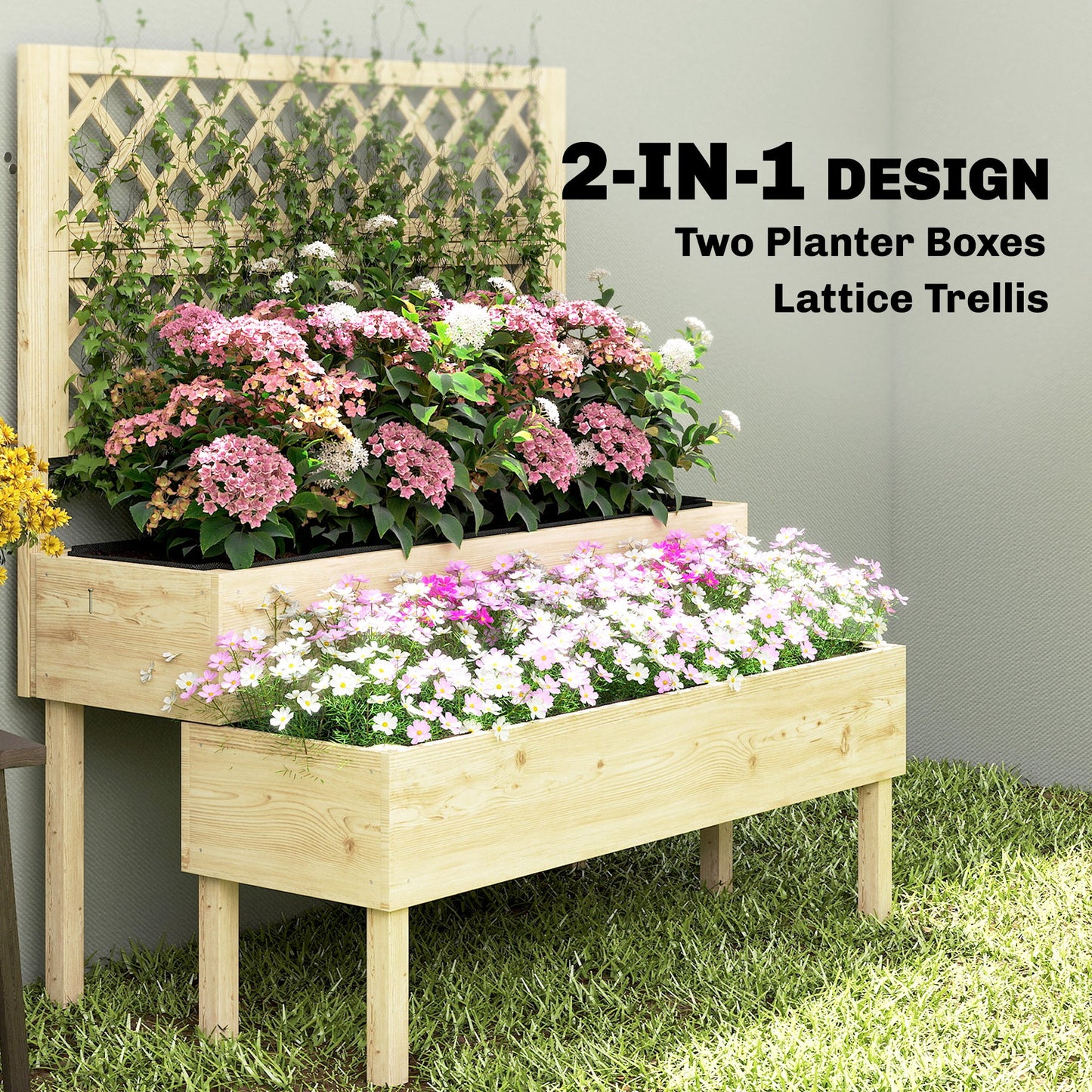 Raised Garden Bed with Trellis - 2-Tier Elevated Planter Box for Climbing Plants - Natural Wood Finish, 1200x370x200 mm