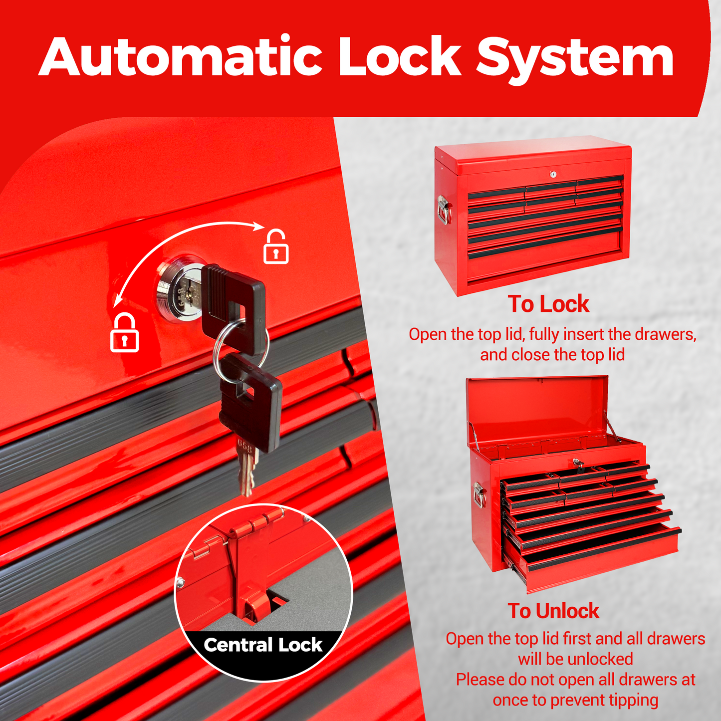 24-Inch Heavy Duty Metal Tool Box with 9 Drawers and Locking System - Red