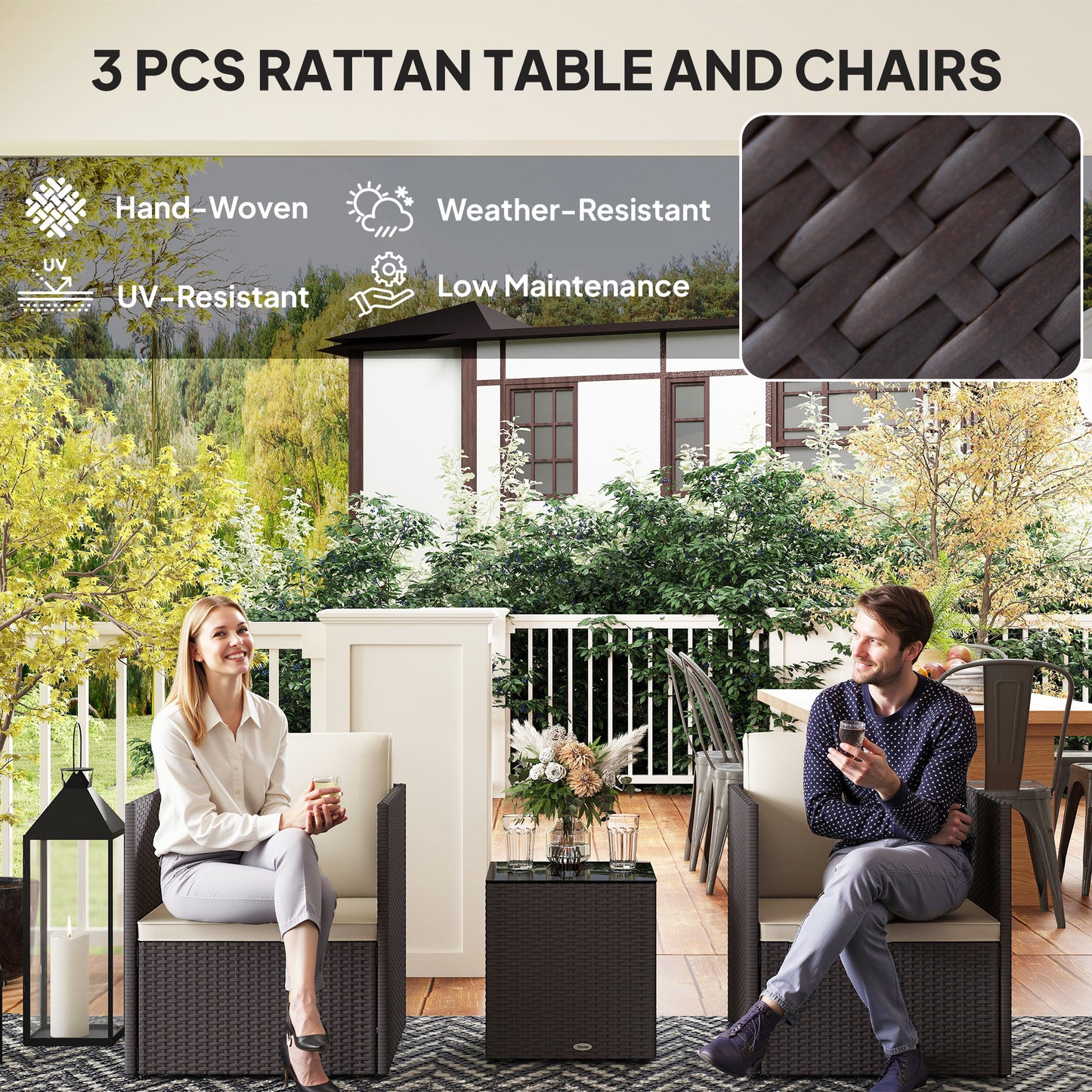 Folding Wicker Bistro Set - 3 Piece Patio Furniture with Cushions