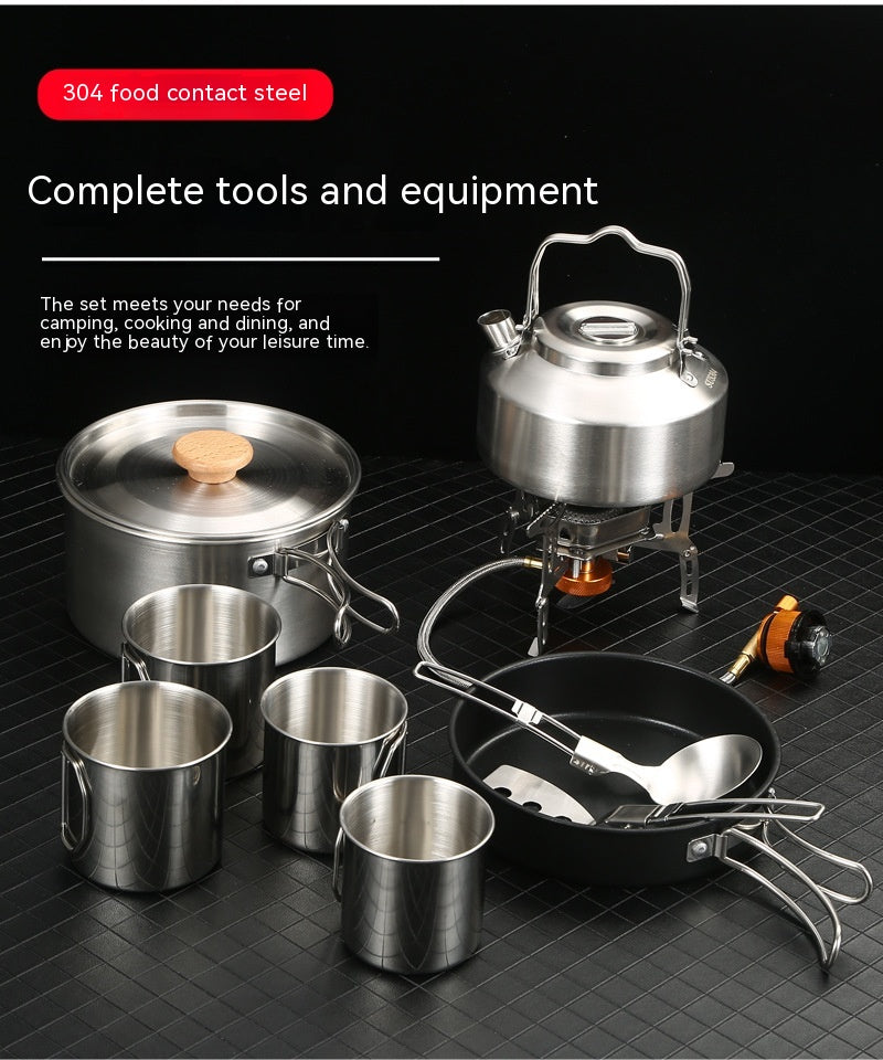 Portable Outdoor Cookware Set with Folding Pans & Windproof Gas Stove