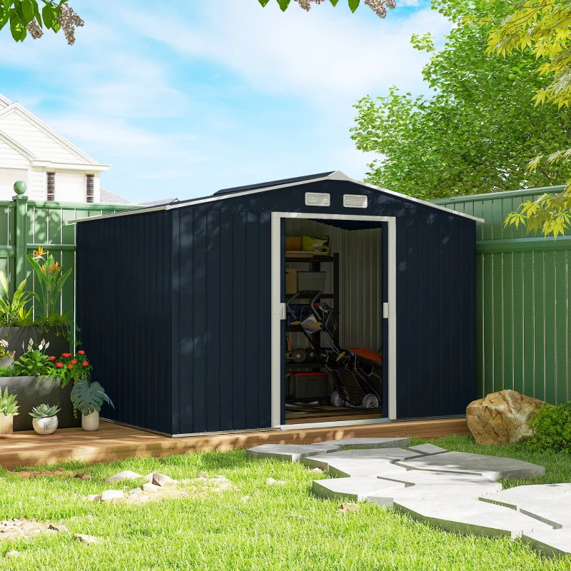 Outdoor Metal Storage Shed 9x6 ft with Foundation Kit - Weatherproof Garden Tool Storage