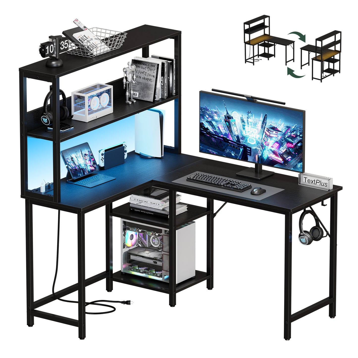 L-Shaped Gaming Desk with Power Socket & RGB Lights