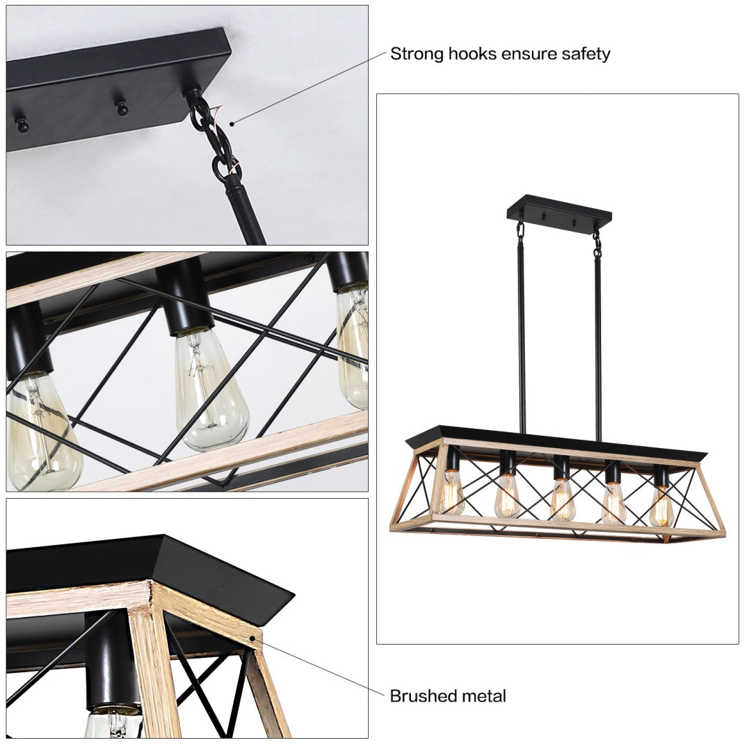 32-Inch Oak Industrial 5-Light Pendant Chandelier - Adjustable