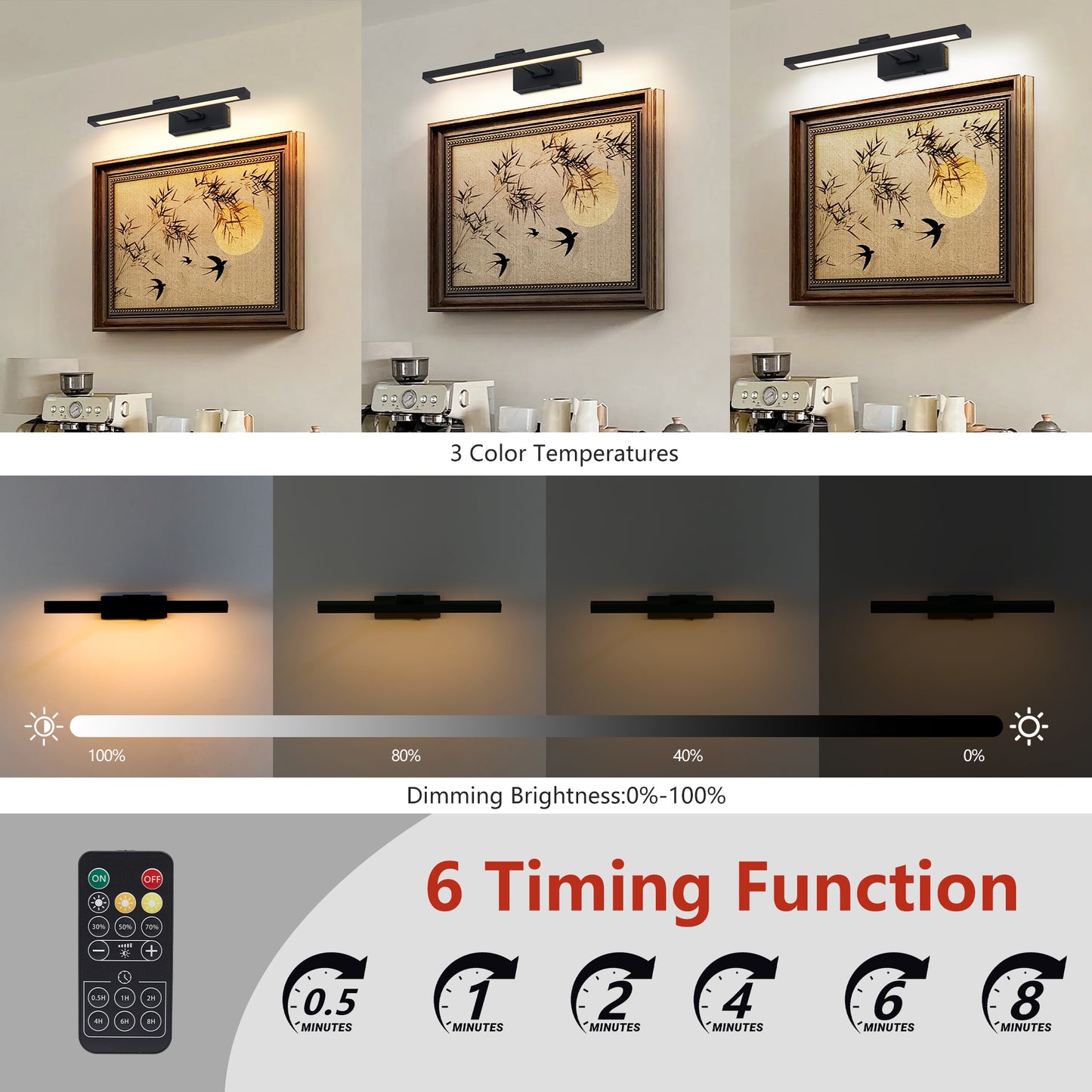 Battery Operated Picture Light with Remote, Dimmable LED Wall Sconce 16in Adjustable Swing Arm