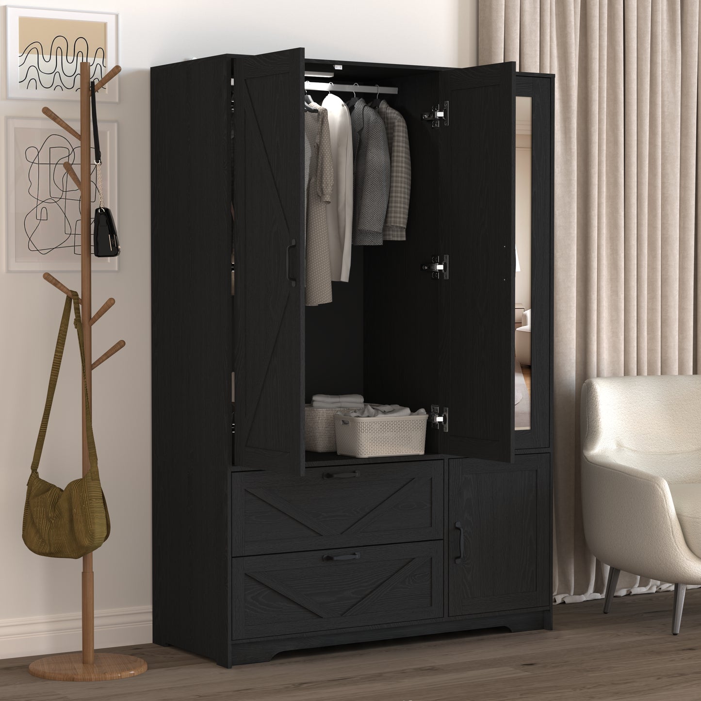 Black 4-Door Wardrobe Closet with Mirror & LED Lighting