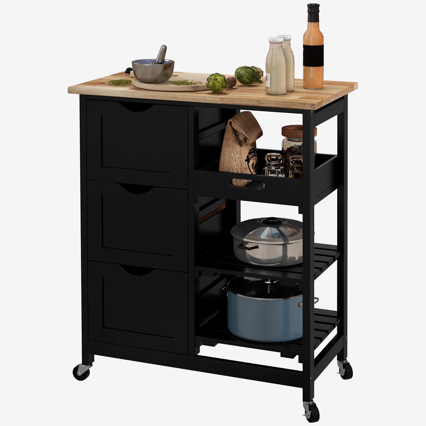Rolling Kitchen Cart with Wood Top and Storage Shelves - Black