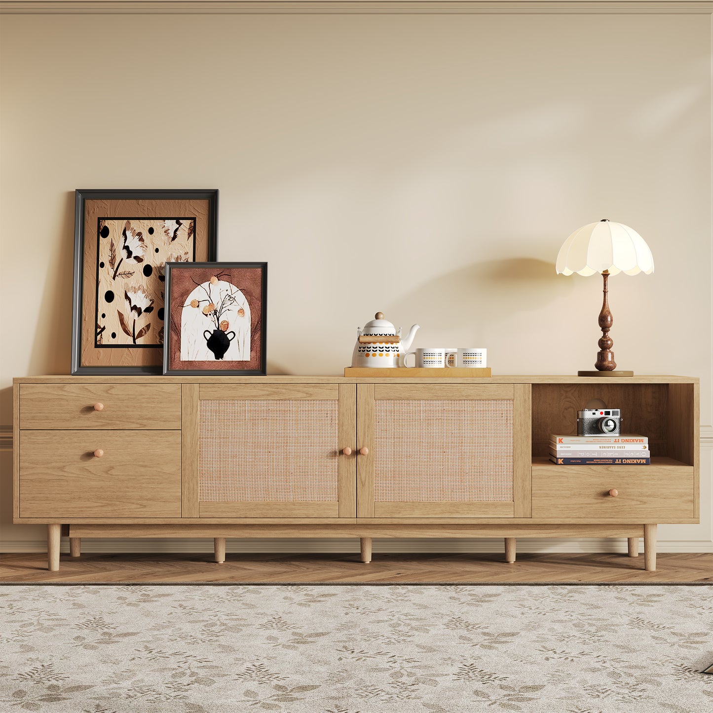 Boho TV Stand for 65-85 Inch TVs - Modern Wood Media Console with Rattan