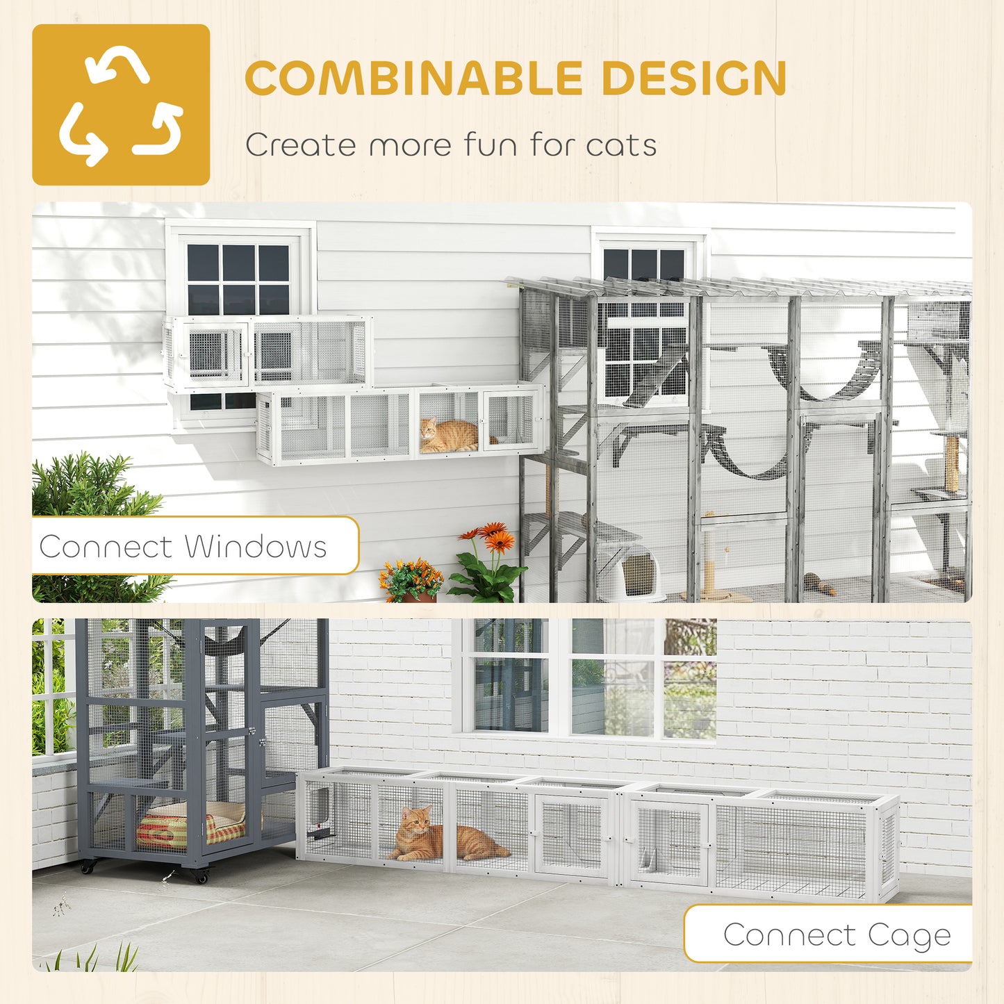 Outdoor Wooden Cat Tunnel 98 Inches with 8 Doors - Expandable Pet Play Center