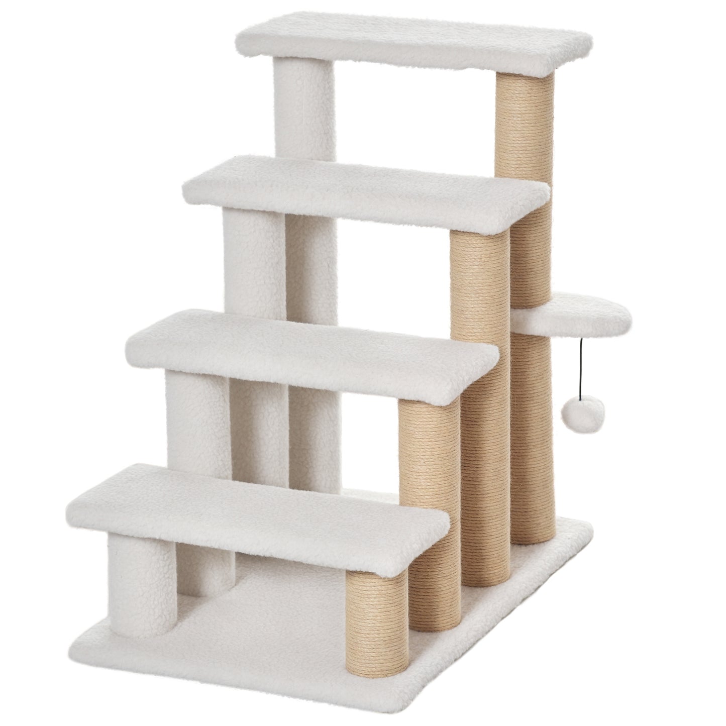 White 4-Level Cat Steps with Scratching Posts for High Beds and Sofas