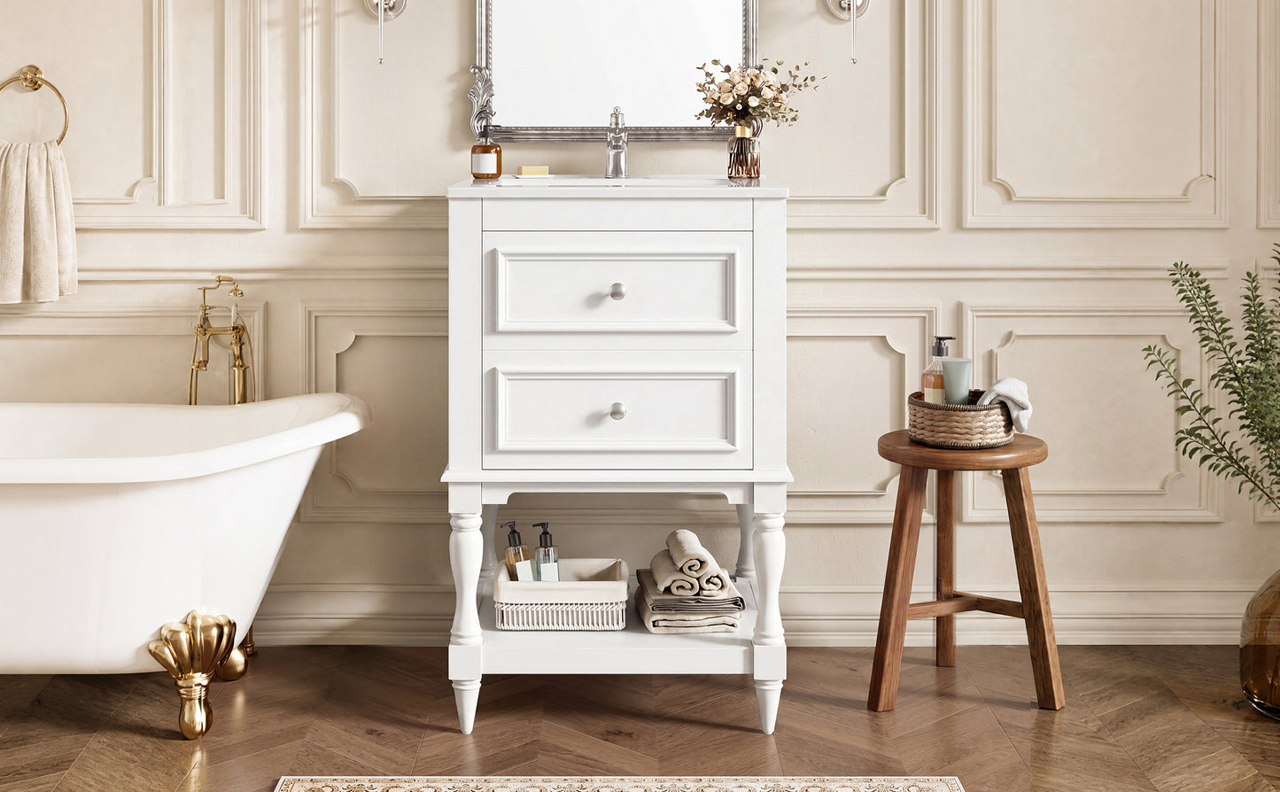 20'' White Bathroom Vanity with Ceramic Sink & Storage Cabinet
