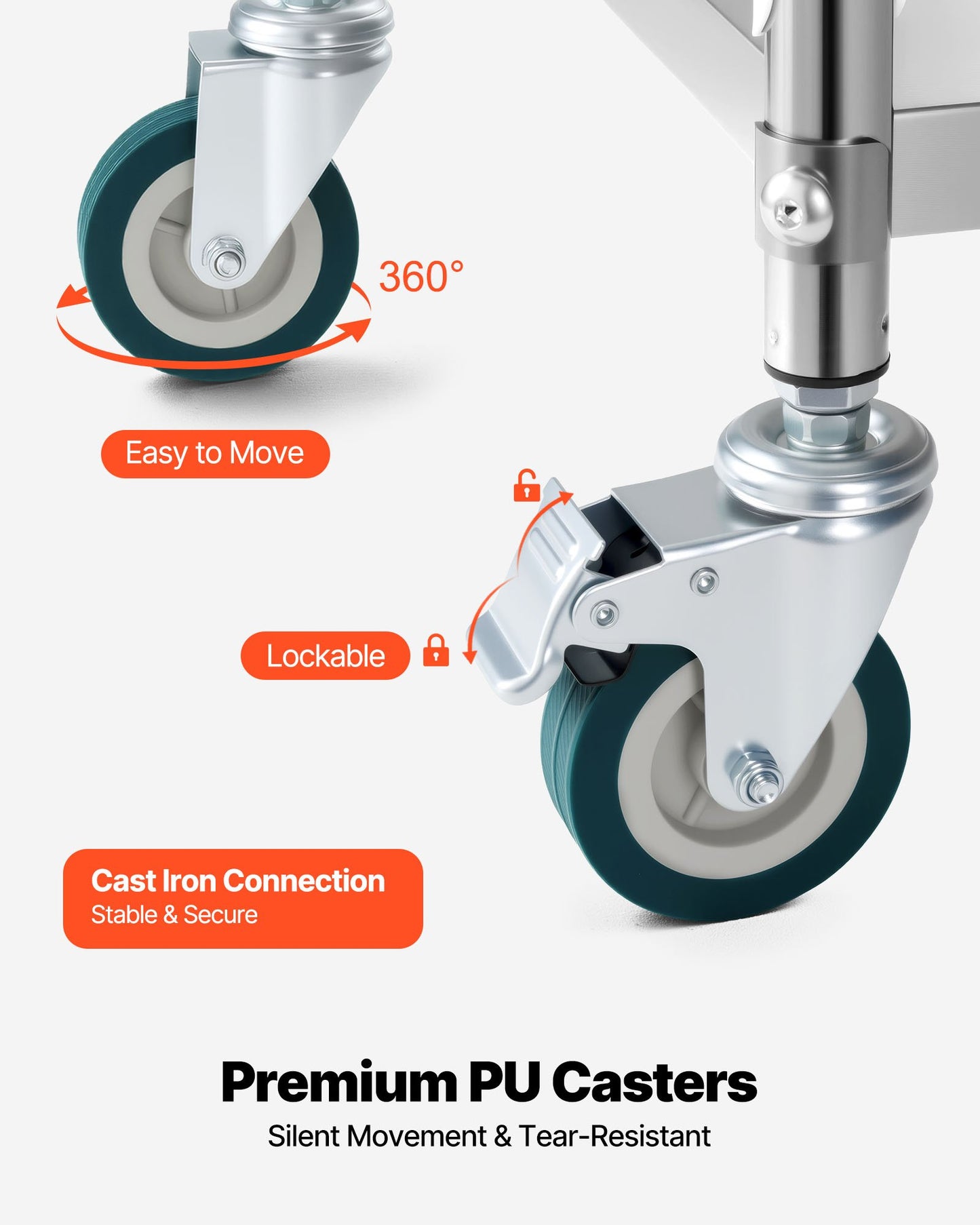 Stainless Steel Utility Cart with Lockable Wheels - 2-Tier Mobile Service Trolley for Hospital, Restaurant, Kitchen, Salon