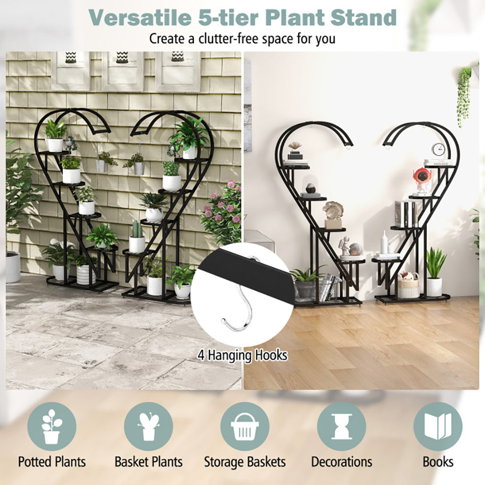 5-Tier Metal Plant Stand with Hanging Hooks - Indoor Outdoor Garden Display