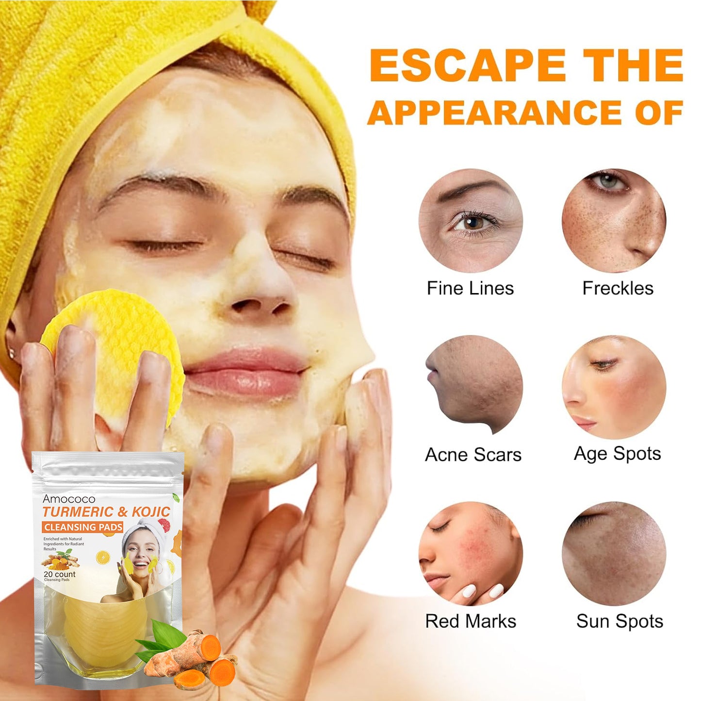 Turmeric & Kojic Acid Cleansing Pads - 20 Count Brightening Skin Exfoliator