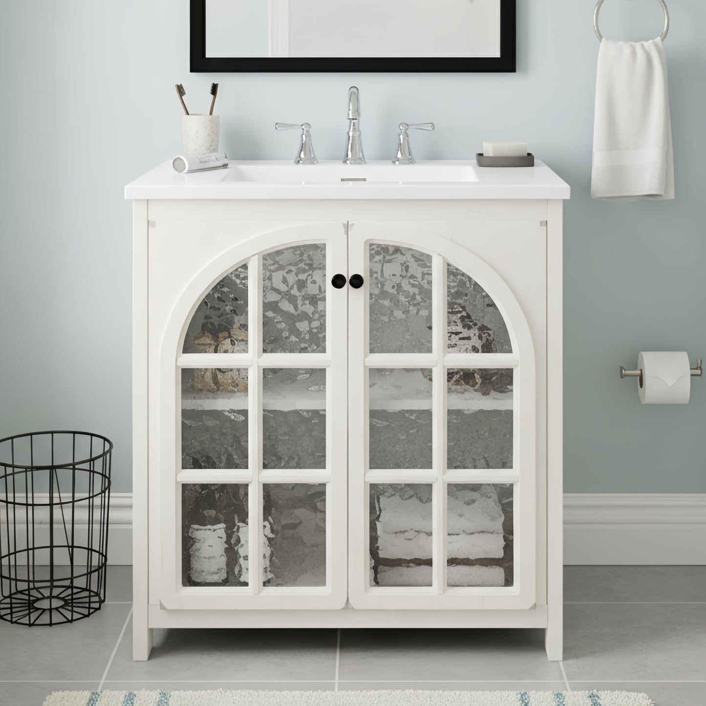 30-Inch Vintage Rustic Bathroom Vanity with Ceramic Sink - Antique White