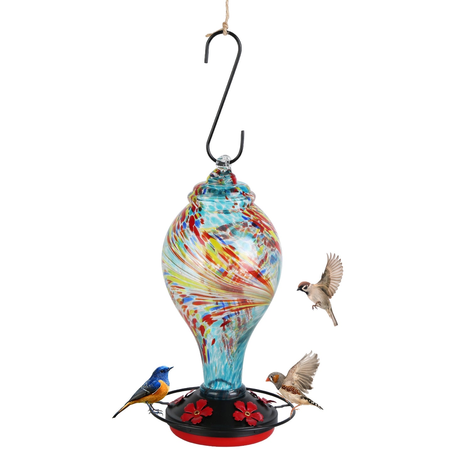 Glass Hummingbird Feeder 33OZ with 5 Flower Feeding Ports & Ant Moat - Garden Decor