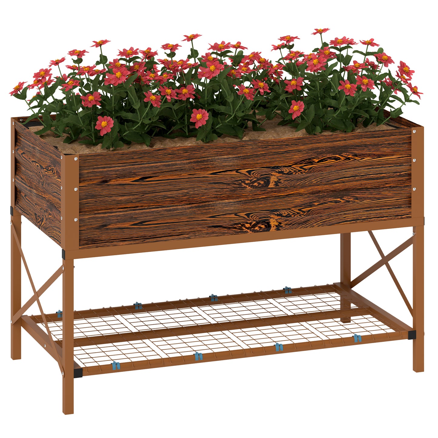 Galvanized Steel Raised Garden Bed with Storage Shelf - Dark Brown, 1180x360x95mm
