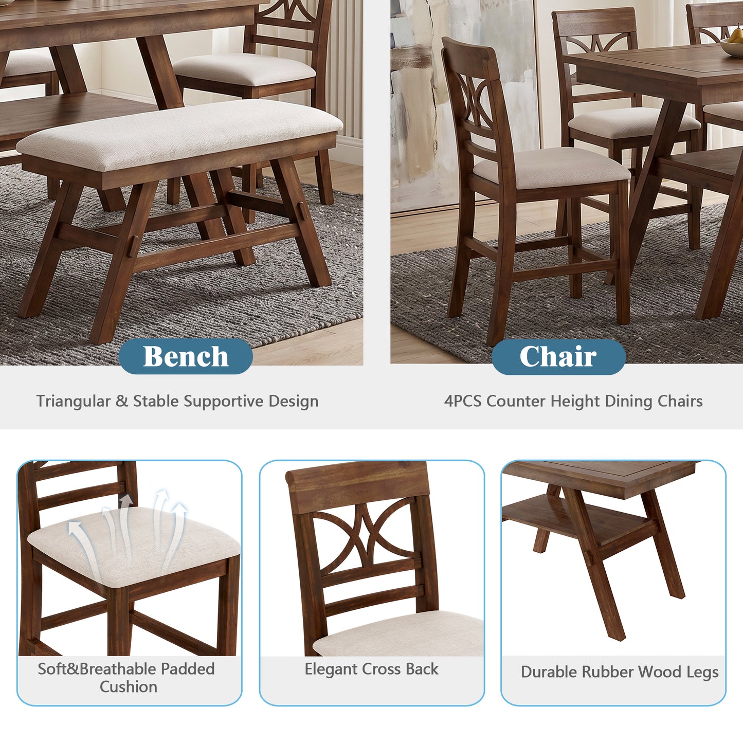 Counter Height Dining Table Set with Storage Shelf - 6 Pieces, Walnut