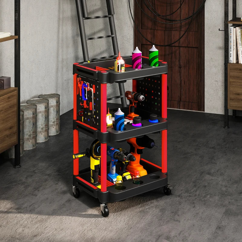 3-Tier Rolling Tool Cart - 200 LBS Capacity Plastic Utility Cart - Black & Red