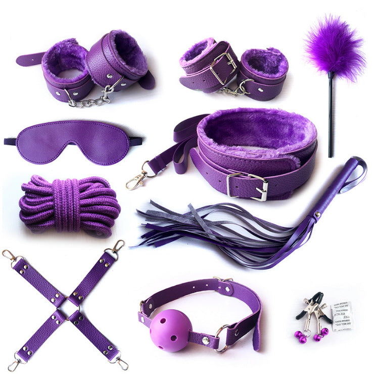 Adult Wellness Toy Set with Leather Whip & Plush Restraints - Black, Red, Purple, Pink
