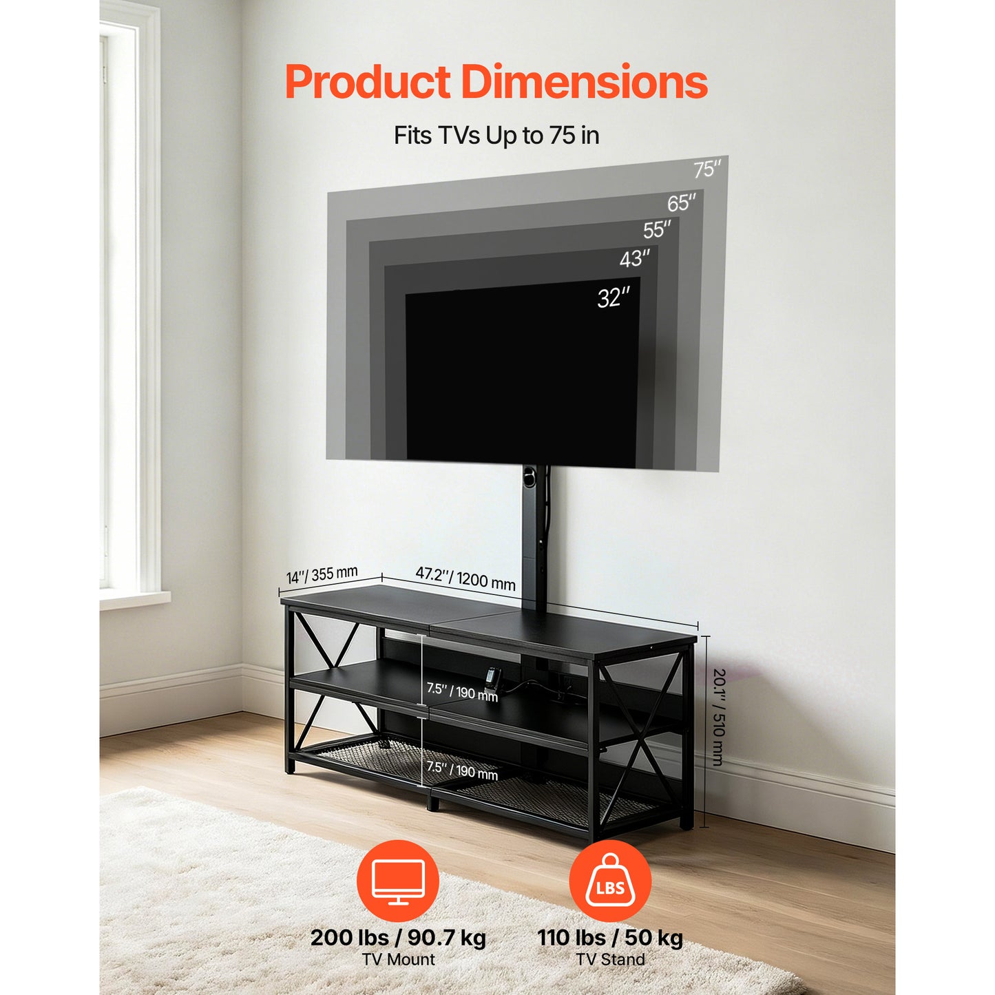 TV Stand with Mount & Power Outlet - 47.2 Inch Swivel Console for 32-75 Inch TVs, Adjustable Height, Open Storage Shelf, Black