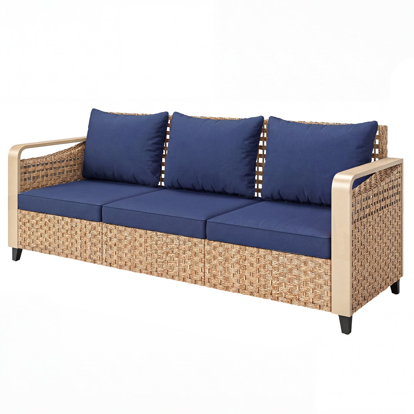 Outdoor Rattan Wicker Sofa 3-Seater with Cushions - Dark Blue