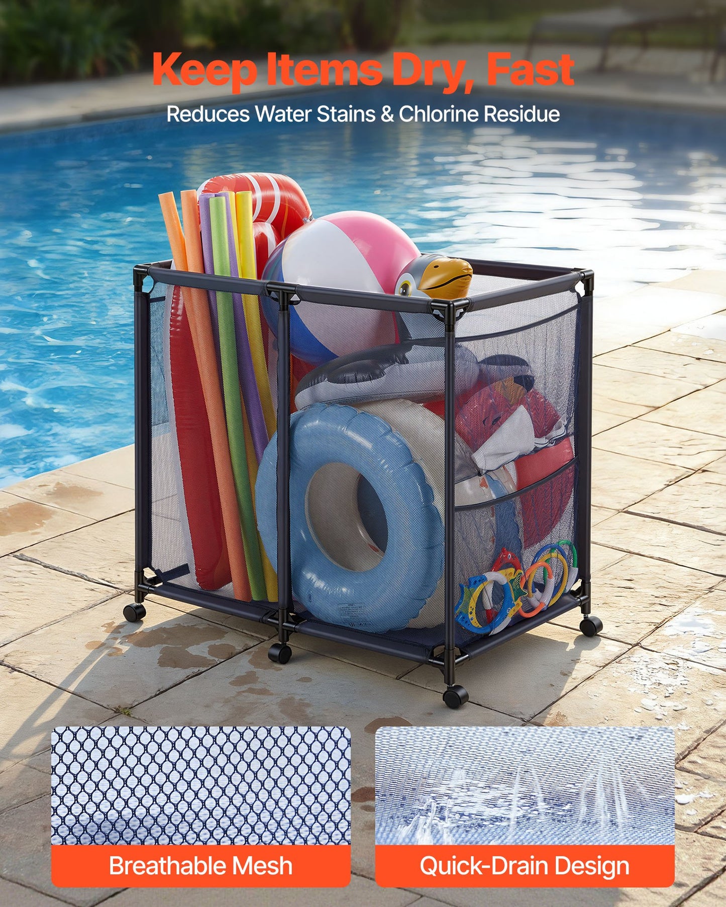Pool Storage Bin with Casters & Side Pockets - Heavy Duty Mesh Organizer for Pool Toys