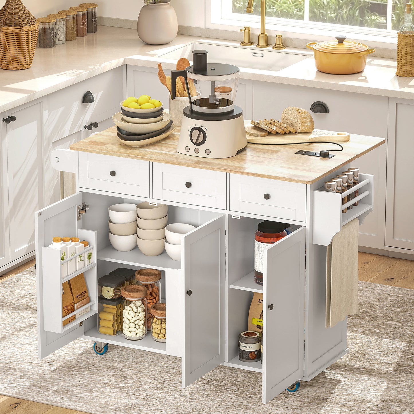 Rolling Kitchen Island with Drop Leaf & Charging Station - White