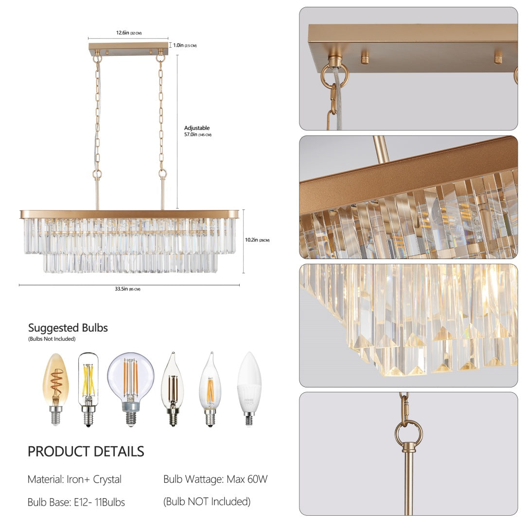 Modern Crystal Chandelier - Adjustable Rectangular Design, Gold