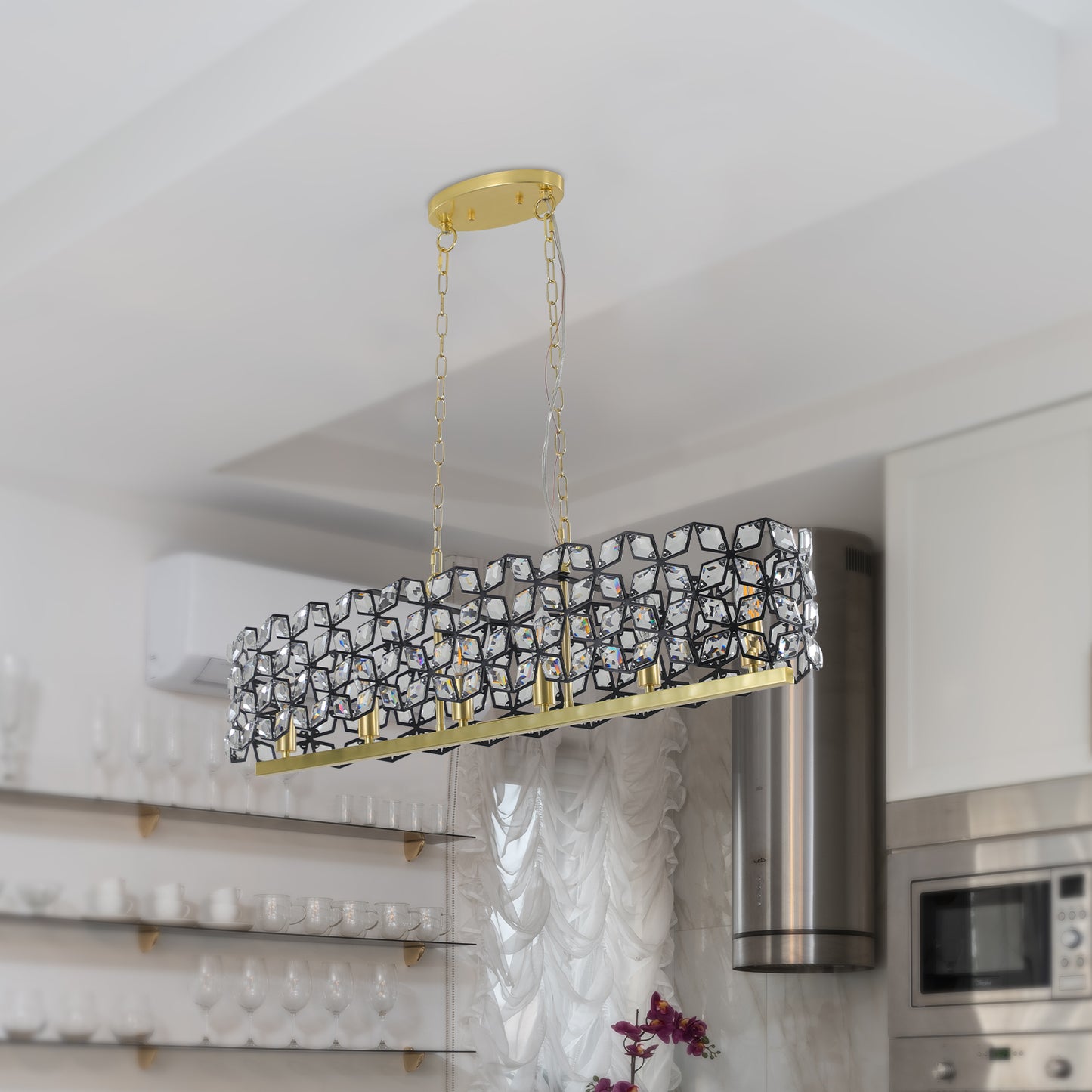 39-inch Modern Crystal and Black Gold Pendant Light Fixture for Living Room and Dining