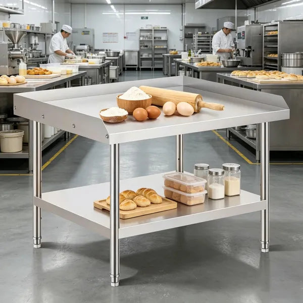 Sleek Metal Work Table With Easy To Clean And Adjustable Shelves For