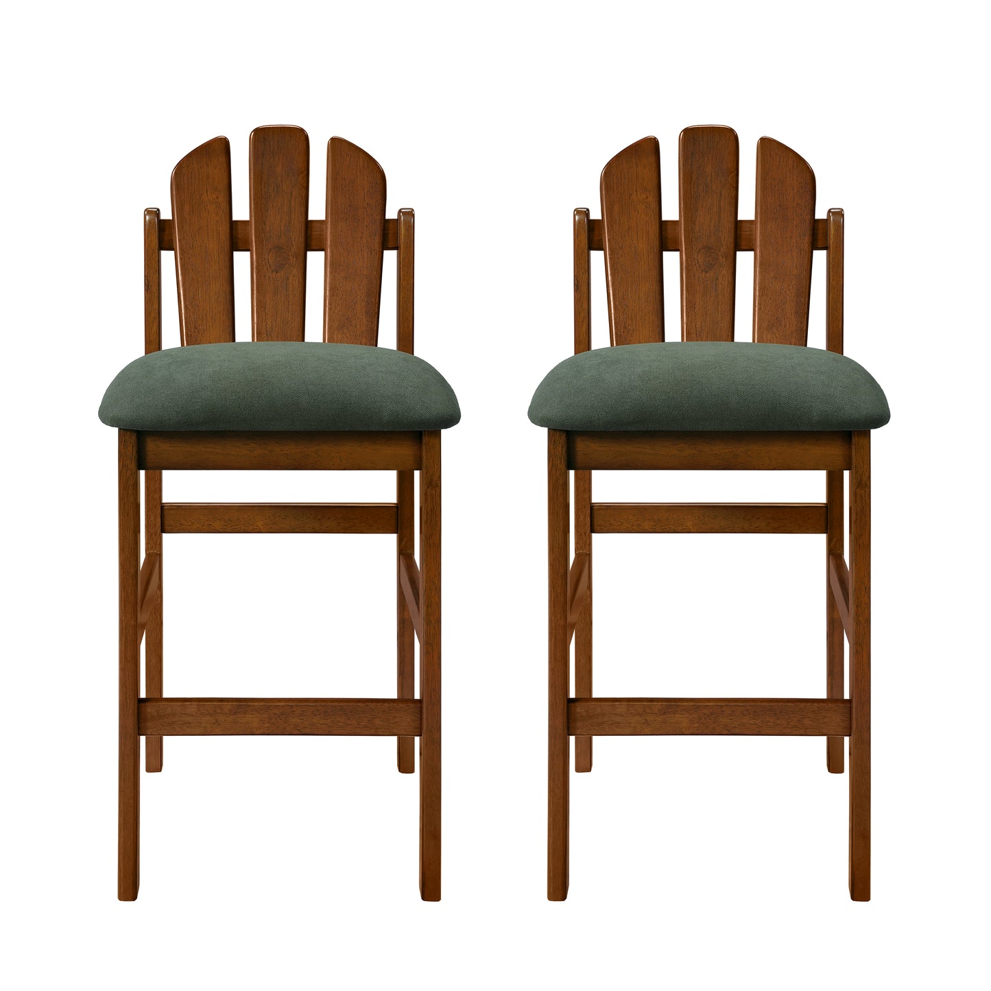 Mid-Century Rubber Wood Upholstered Counter Stools - Set of 2, Green