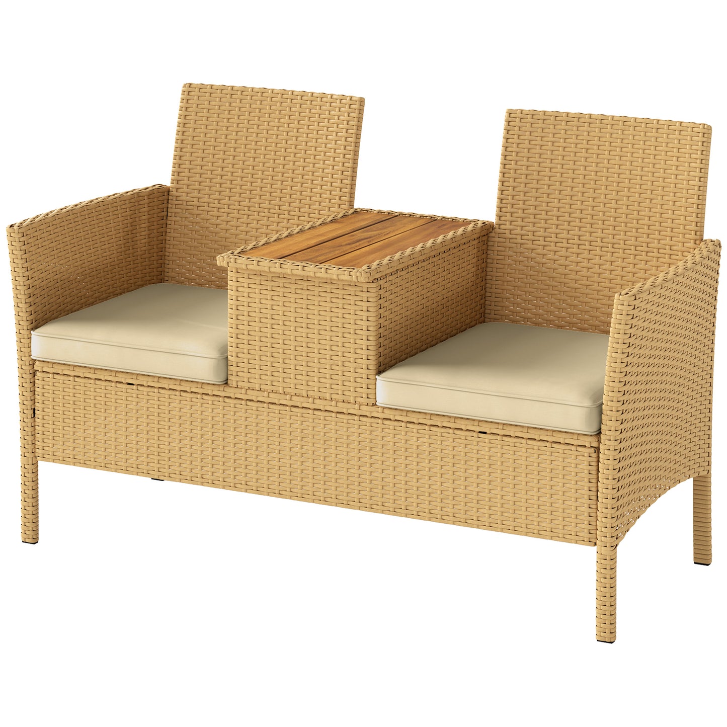 Patio Wicker Loveseat with Flip-Top Table & Cushions - Khaki