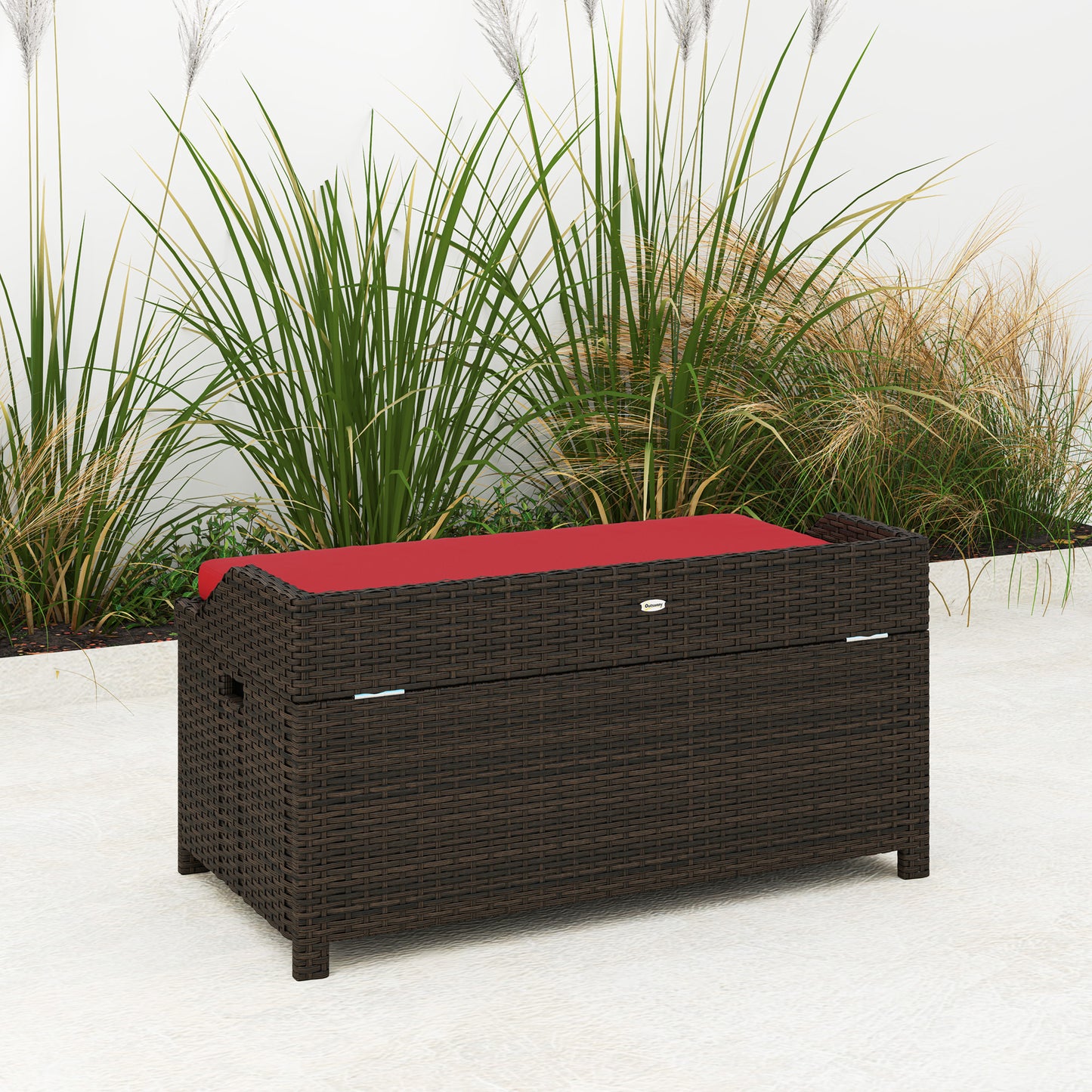 Outdoor Storage Bench with Cushion - Red Wicker Design