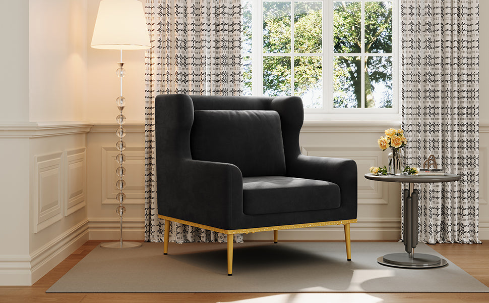 Black Velvet Accent Chair - Modern Armchair for Living Room