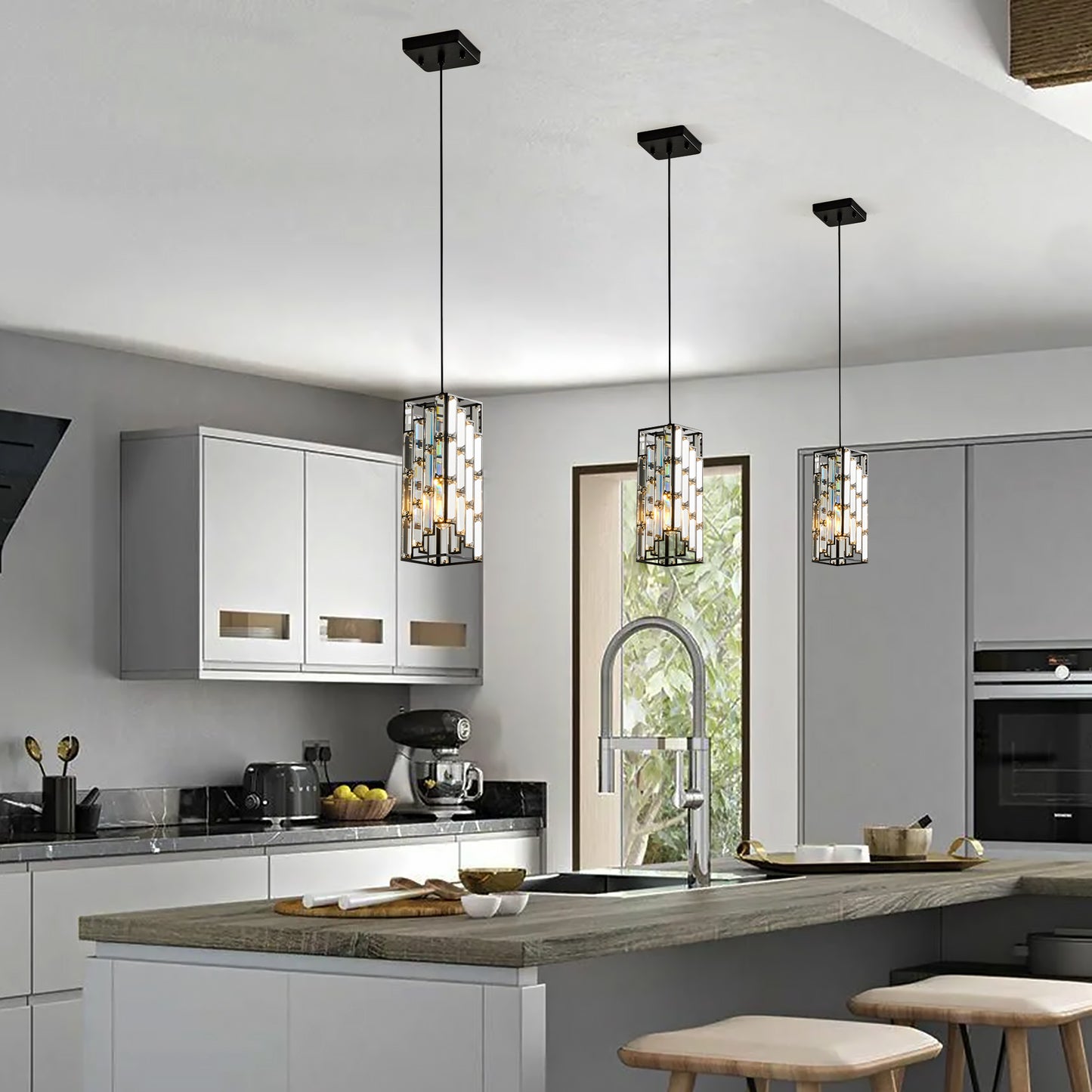 Modern Crystal Pendant Light - 3 Pack Adjustable Ceiling Lamp
