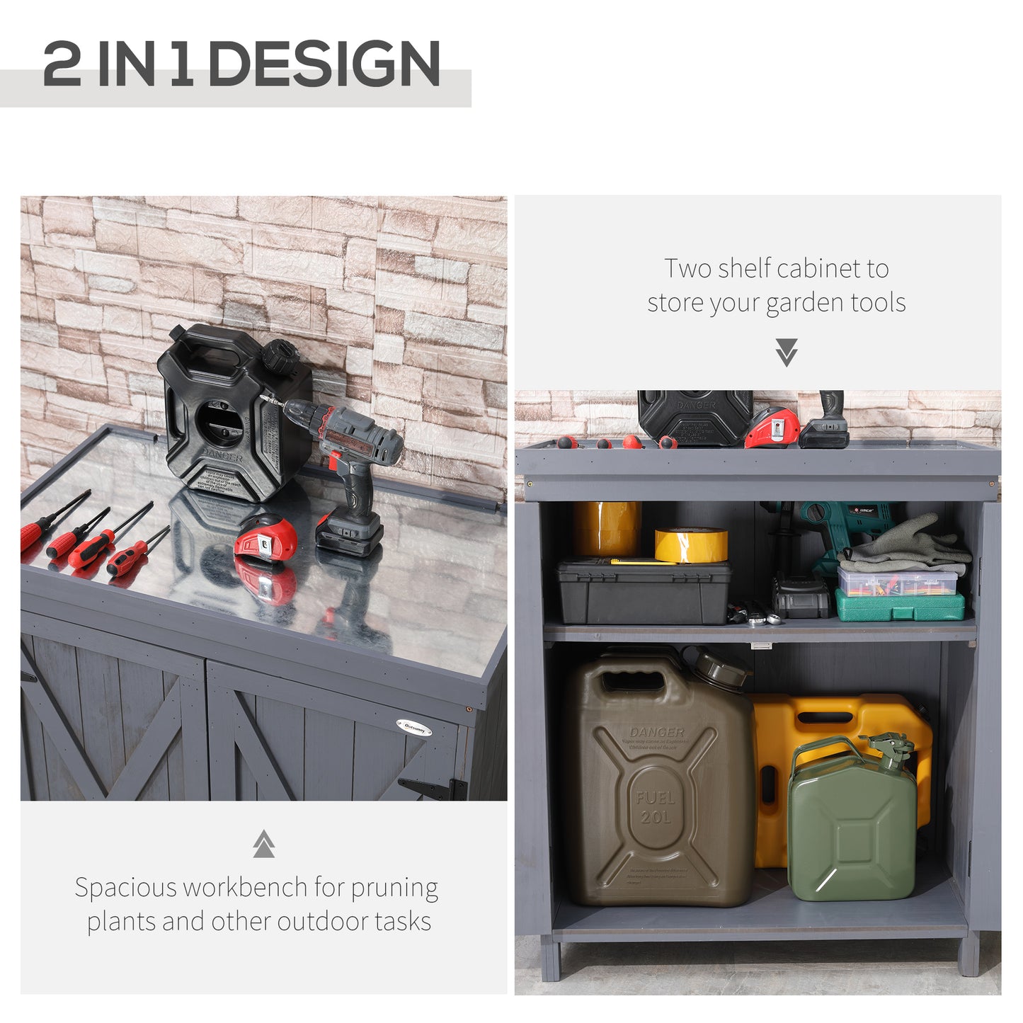 Outdoor Storage Cabinet with Galvanized Steel Top and Shelves - Gray Garden Tool Shed 970x510x260 mm