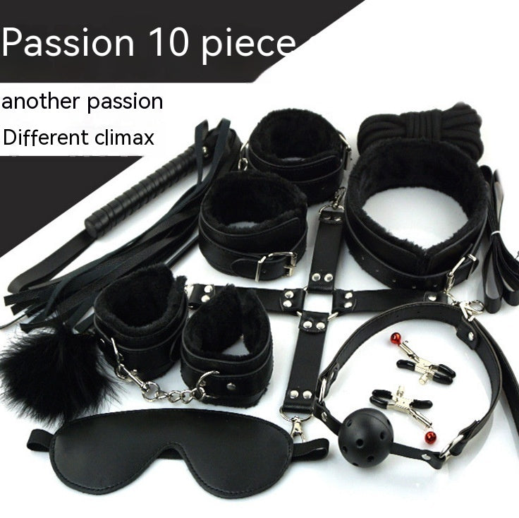 Adult Wellness Toy Set with Leather Whip & Plush Restraints - Black, Red, Purple, Pink