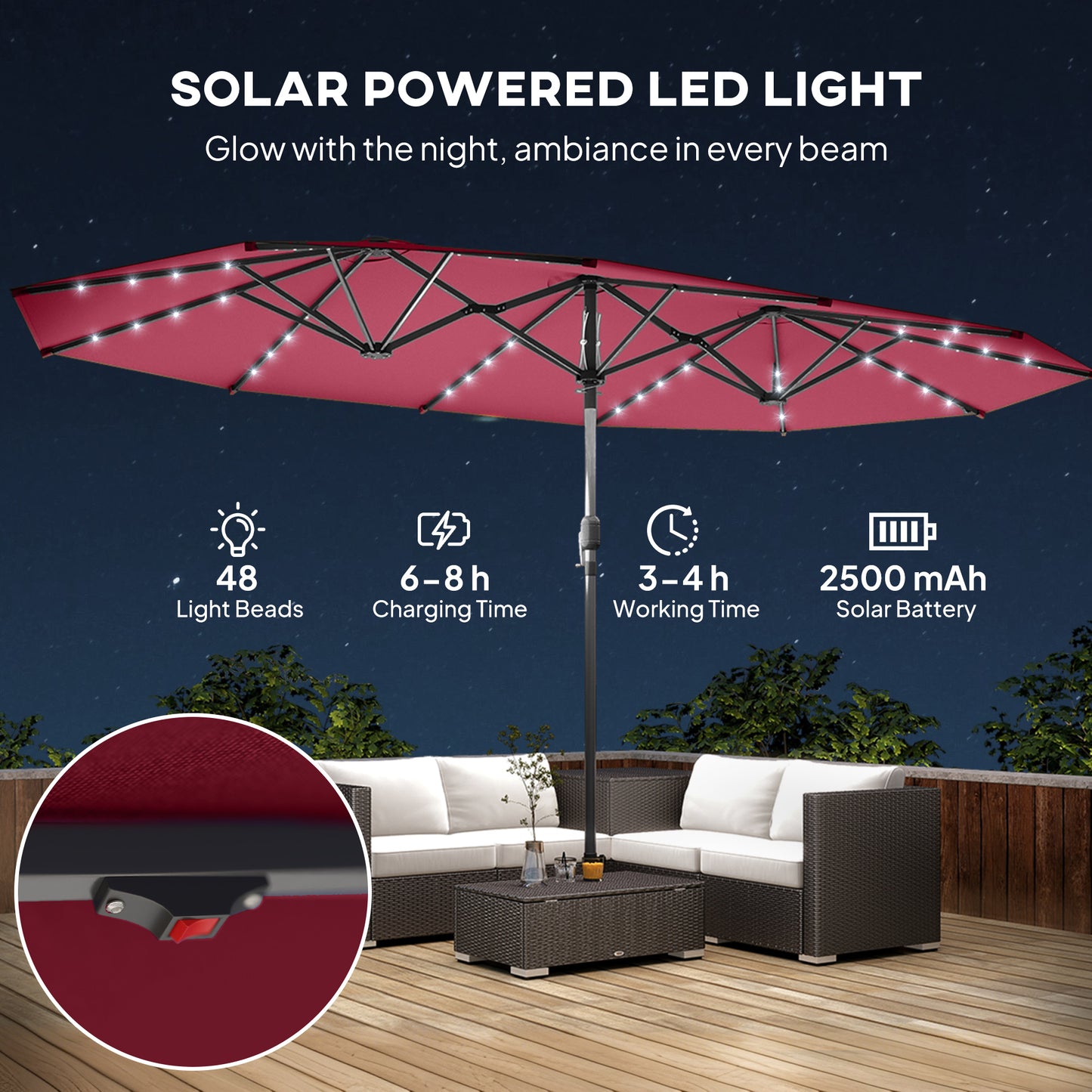 Double-Sided Garden Parasol with LED Solar Lights - Wine Red
