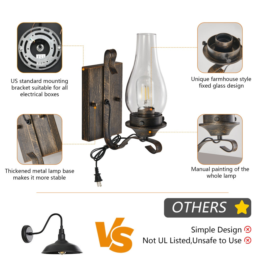 Rustic Farmhouse Wall Sconces Set of 2 - Vintage Plug-in Lights