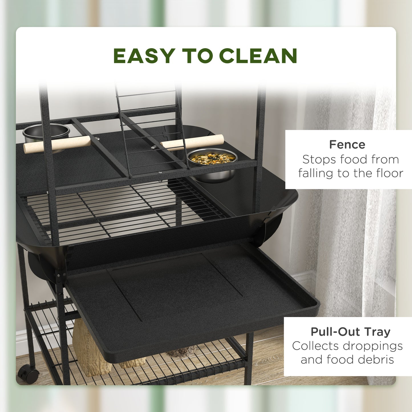 Indoor Outdoor Bird Stand with Wheels, Stainless Steel Feed Bowls & Perches - Gray