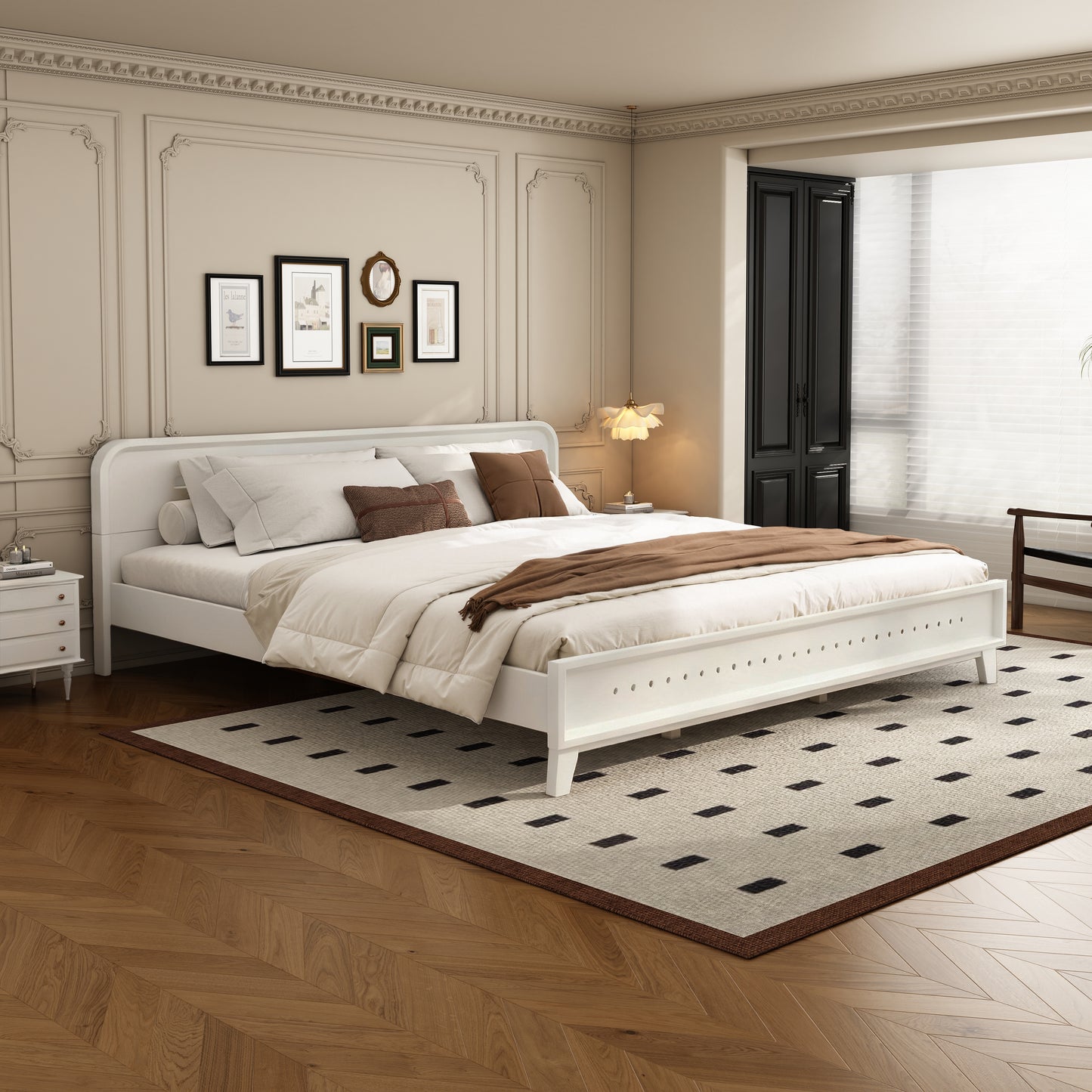 Pine Solid Wood King Size Bed - No Box Spring Needed, White