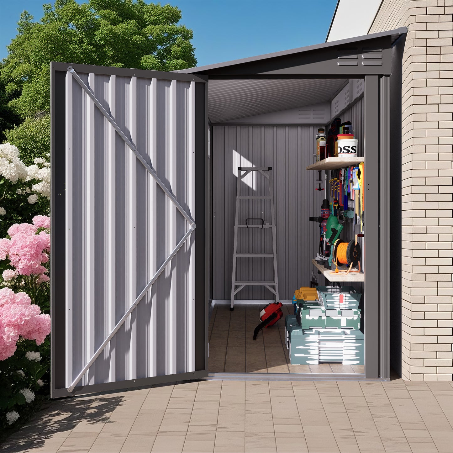 4x9 FT Lean To Shed With Windows, Metal Garden Tool House Sloping