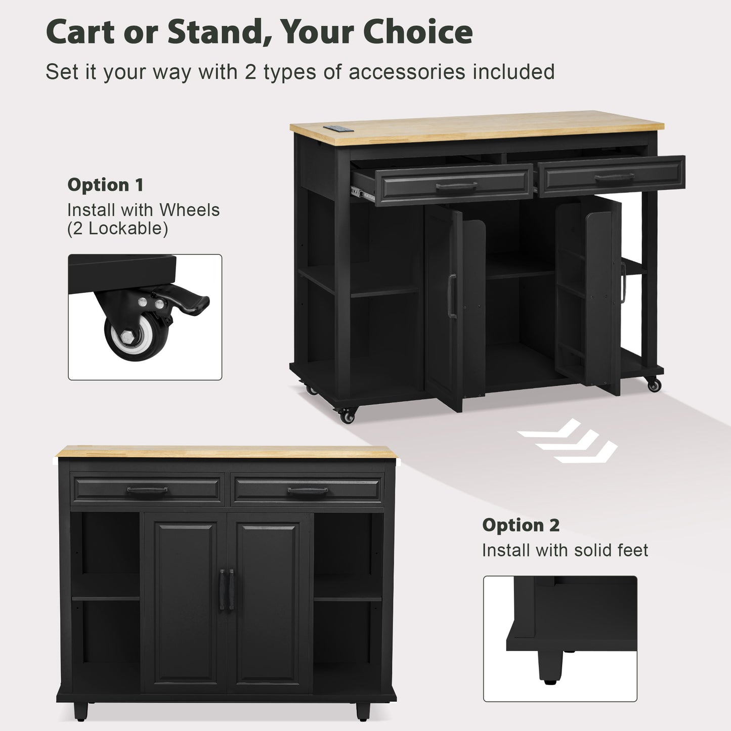 K&K 47 Inch Kitchen Island With Extendable Dining Table, Rubber Wood