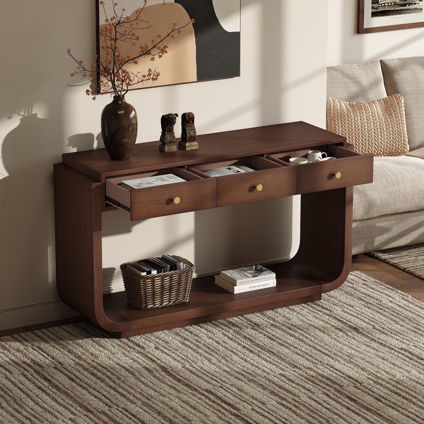 Classic Console Table with 3 Drawers & Display Shelf - Walnut