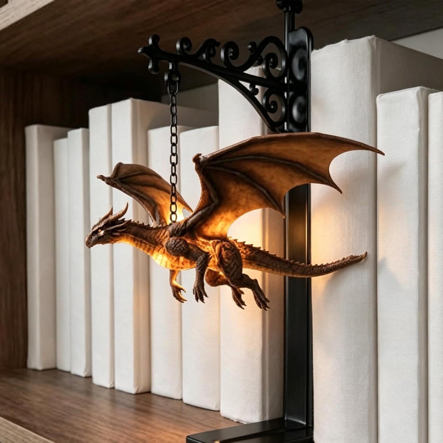 Floating Bookcase with Dragon Design - Decorative Wall Shelf Lamp for Home