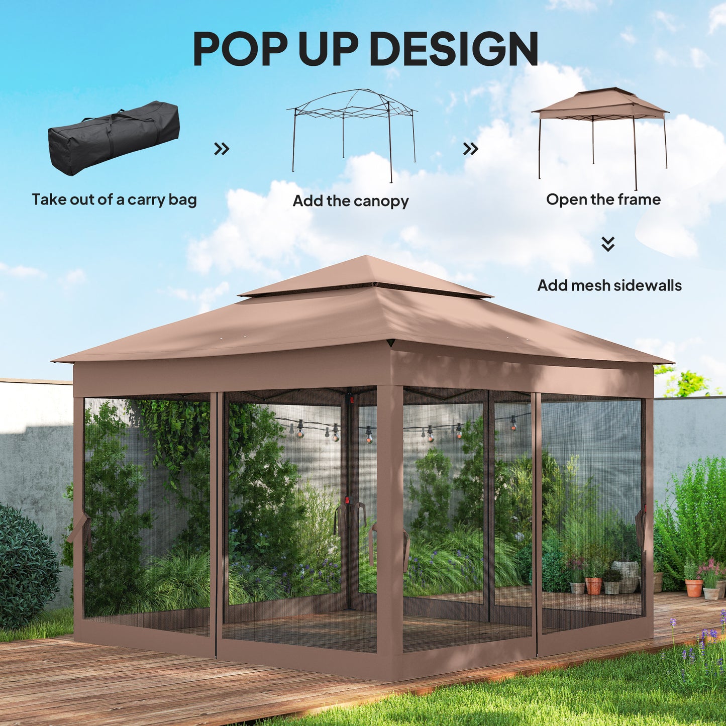 Pop Up Canopy Gazebo Shelter with Zipper Netting - Brown 11x11